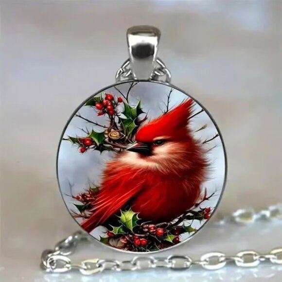 Silver CARDINAL Christmas Glass Cabochon Pendant Necklace - Picture 3 of 3